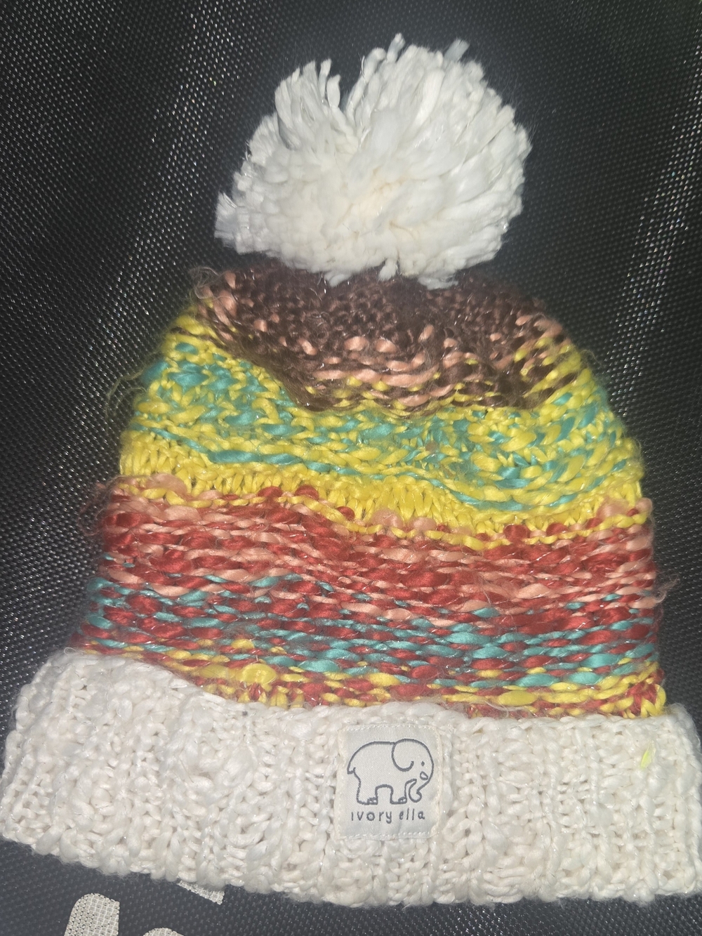 ivory ella Multicolor Striped Pom Beanie with White Cuff